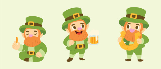 Obraz premium Cartoon leprechauns in festive poses holding a gold coin, beer mug, and lucky horseshoe for St. Patrick's Day celebrations