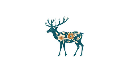 Fototapeta premium Teal Floral Deer Silhouette on Black Background