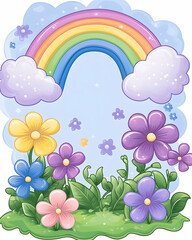 Pastel rainbow arch over vibrant flowers and fluffy clouds in a whimsical garden scene . AI generative