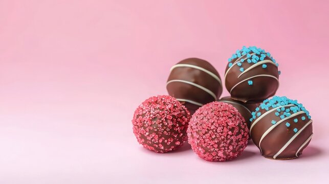 Delicious chocolate truffles decorated with colorful sprinkles, set against a soft pink background, create a visually appealing dessert display.