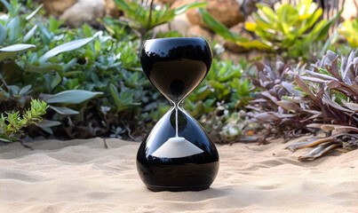 Black Hourglass on Sand in a Garden Setting