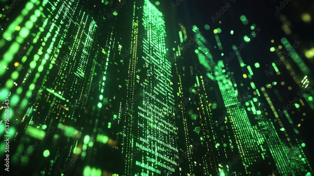 Fototapete a visualization of cascading green binary code, resembling a digital landscape filled with data stre