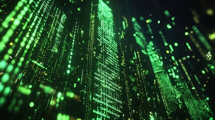 A visualization of cascading green binary code, resembling a digital landscape filled with data streams.