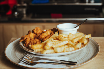 photo of breaded chicken fingers with french fries and white sauce in a Colombian cafeteria