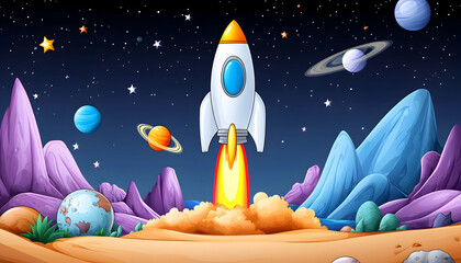 Rocket launching from an alien planet into a starry night sky . AI generative