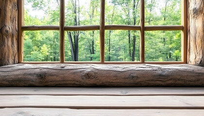 Rustic wooden window sill with forest view