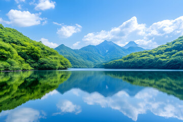 Fototapeta premium Serene mountain lake reflecting blue sky and lush green hills . AI generative