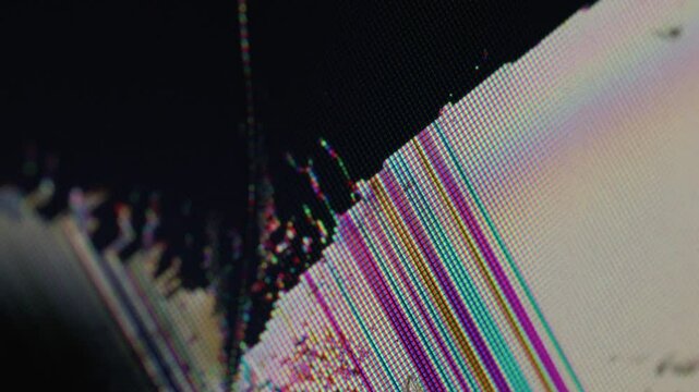 Display failure. Screen glitch. Black ink spreads across broken surface. Flickering colored pixel lines dots on edge crack blur plasma TV monitor.
