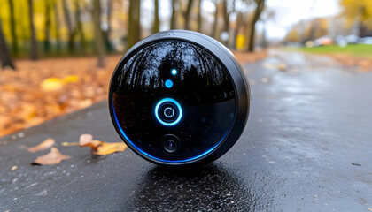 Smart outdoor security camera on autumn path . AI generative