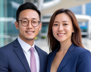 Smiling Asian business professionals in suits, outdoors . AI generative