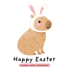 Happy Easter Capybara in bunny ears. Cute cartoon kawaii animal. Capybara vector illustration