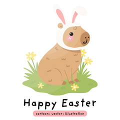 Happy Easter Capybara in bunny ears. Cute cartoon kawaii animal. Capybara vector illustration