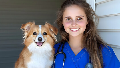Smiling teen girl vet tech with small dog
