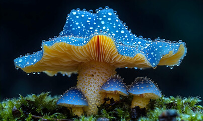 Blue and Yellow Mushrooms with Dew Drops in Dark Forest