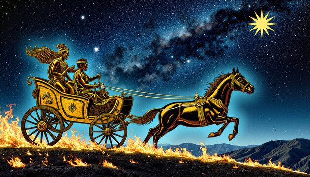 Mythical chariot with horse racing against starry night sky  
