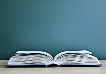 Open Book on a Table Against Teal Wall