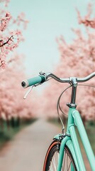 Obraz premium A vintage bicycle stands against a backdrop of blooming cherry blossom trees, creating a serene and picturesque spring scene.