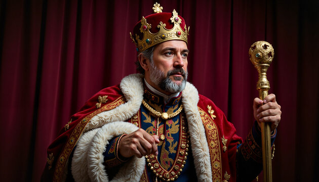 Regal king holding scepter in majestic royal attire
