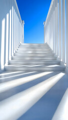 Sunlit white staircase ascending to a bright blue sky between pristine columns . AI generative