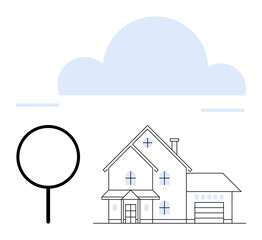 Two-story house with attached garage, simple tree, and soft cloud above. Ideal for real estate, housing, sustainability, architecture, urban planning air quality homeownership. Flat simple metaphor