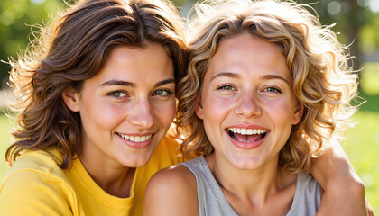Fototapeta premium Two smiling friends enjoying the outdoors 