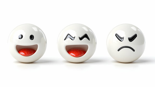Three white spheres displaying happy, amused, and angry expressions . AI generative