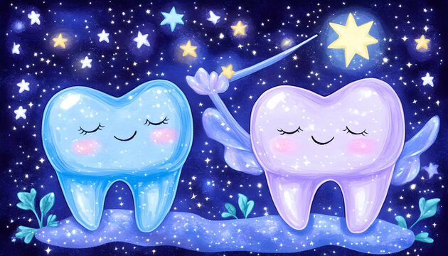 Two adorable cartoon teeth, one blue, one purple, with wings, sleeping under a starry night sky . AI generative