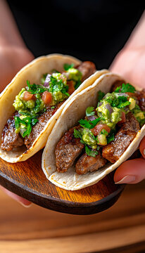 Two delicious steak tacos with vibrant salsa verde . AI generative