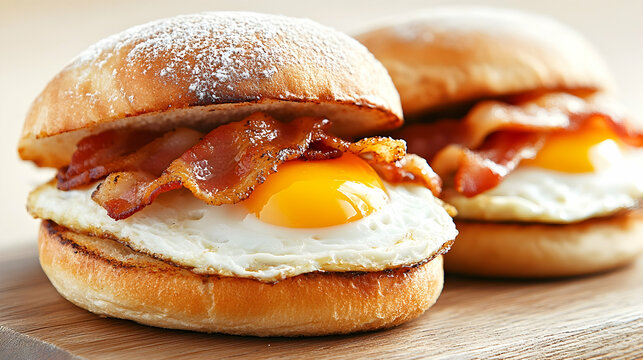 Two delicious breakfast sandwiches featuring fried eggs and crispy bacon on soft buns, dusted with powdered sugar