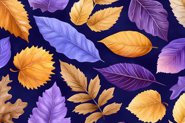 Vibrant autumn leaves in purple, gold, and blue hues against a dark background . AI generative
