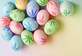 AI-generated image of pastel Easter eggs adorned with cannabis leaf patterns, creating a unique and unconventional holiday theme. Perfect for counter-culture designs, novelty items, or social media 