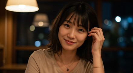 Smiling Young Woman Portrait in Soft Light - Dark Hair and Beige Shirt