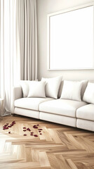 White sofa in bright minimalist living room with scattered rose petals and blank frame . AI generative
