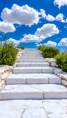 Obraz premium White stone stairs ascend towards a vibrant blue sky filled with fluffy clouds, flanked by lush green shrubs . AI generative