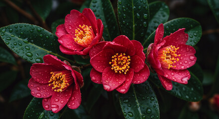 Vibrant Red Flowers with Dew Drops in Triangle Harmony