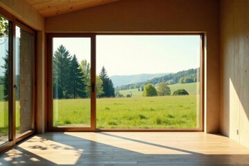 Fototapeta premium Serene Meadow View from a Modern Wooden House with Large Panoramic Windows