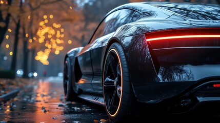 Sleek Black Sports Car Parked on a Wet Autumn Road at Dusk Luxury Vehicle in a Scenic Fall Setting