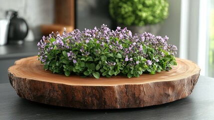 Rustic Wooden Slab with Blooming Herb Centerpiece