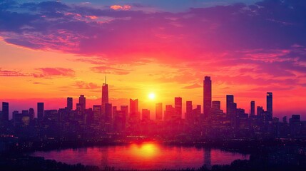 Fototapeta premium Cityscape Silhouettes - Urban cityscape silhouettes against vibrant sunsets, ideal for city life, modern designs, and travel projects.