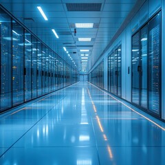 Futuristic Server Room Corridor:  A Digital Data Center's Reflective Aisles