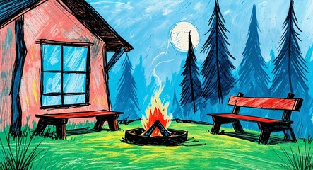 drawing Forest dwelling with campfire and wooden benches at twilight art child doodle artwork illustration art design