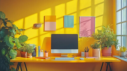Bright Yellow Home Office Workspace with Plants and Sunlight