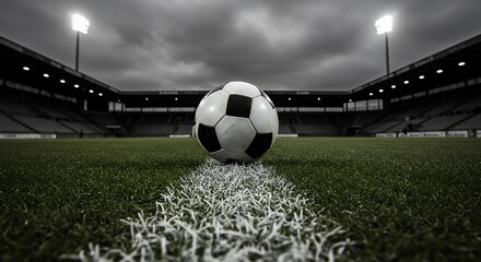 Soccer Ball Resting on Stadium Field with Dramatic Sky Overhead