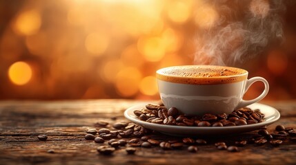 Fototapeta premium Aromatic Coffee Cup with Steaming Espresso on Rustic Wooden Table Warm Bokeh Background