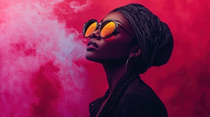 Fashionable Black Woman in Head Wrap and Sunglasses Against Pink Smoke Background