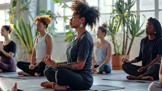 Meditation practice in a serene studio setting with diverse individuals engaged in mindfulness and tranquility