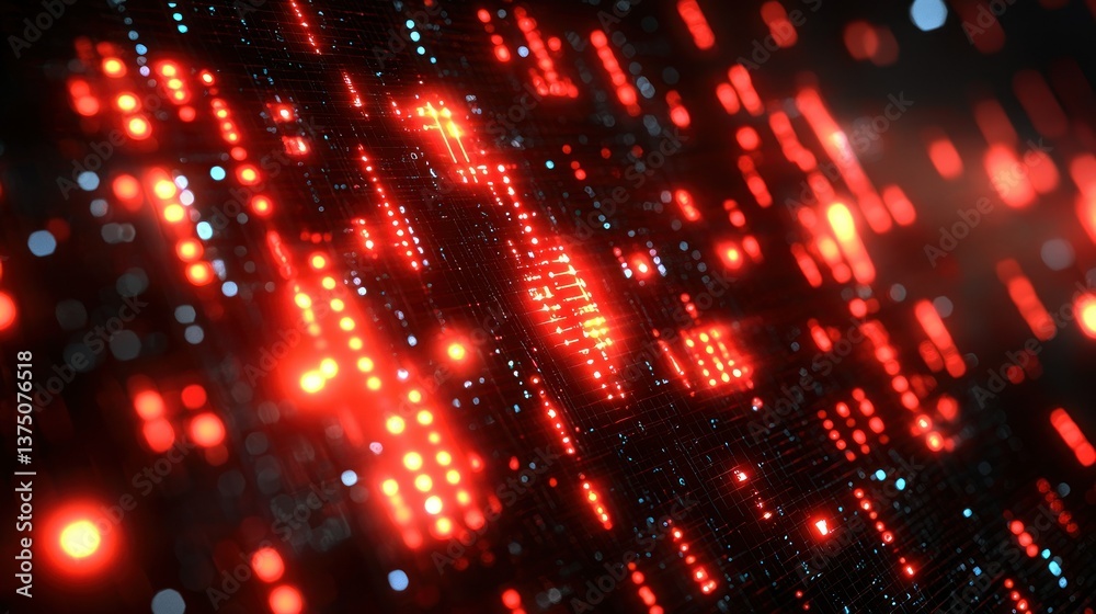 Poster abstract red digital network, glowing lines and data streams