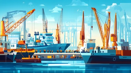 Obraz premium Busy port cranes loading cargo ships