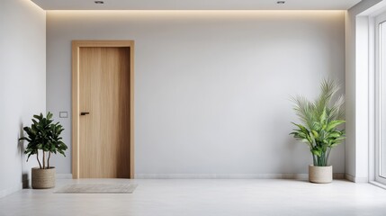 Minimalist interior design open space mindfulness. Modern interior with wooden door, plants, and minimalistic design in bright space.