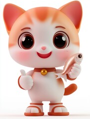 Naklejka premium animal cat 3d character rende, Cute Orange and White Cartoon Cat with Fish